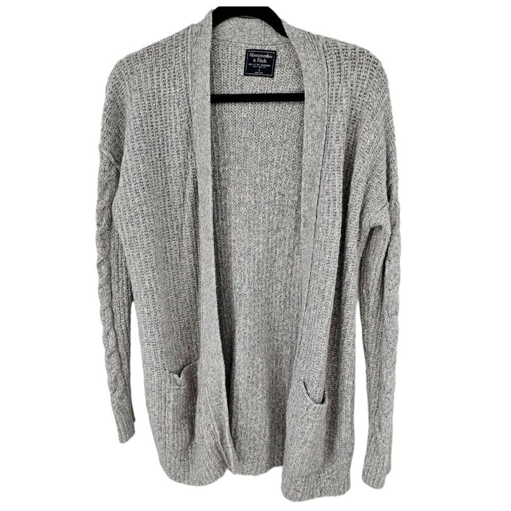 Abercrombie & Fitch Cardigan Sweater Gray Cable Knit Long Sleeve Pockets Twee